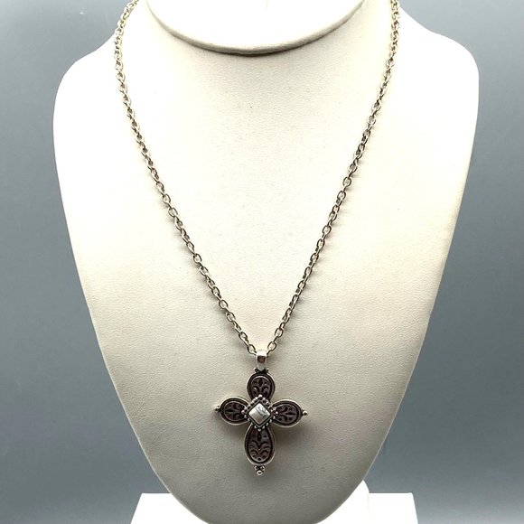 Western Cross Pendant Necklace with Howlite Stone Center on Silver Tone Chain - Picture 1 of 5